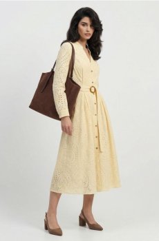 Ажурна міді сукня-сорочка з поясом - нюдовий