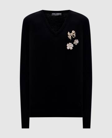 Черный свитер из шерсти с цветочной аппликацией