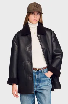 Женская темно-коричневая кожаная дубленка Коричневый 36 Sandro SFPOU00742_Black Brown