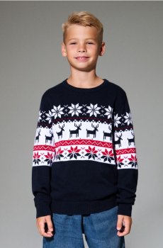 Святковий светр з скандинавським узором та оленями - темно-синій