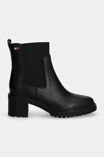 Кожаные полусапоги Tommy Hilfiger FLAG MID HEEL LEATHER CHELSEA женские цвет чёрный каблук кирпичик FW0FW08163 Кожаные полусапоги Tommy Hilfiger FLAG MID HEEL LEATHER CHELSEA женские цвет чёрный каблук кирпичик FW0FW08163