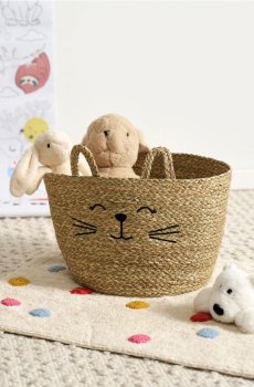 Плетений кошик для зберігання з ручками та мотивом кота - бежевий