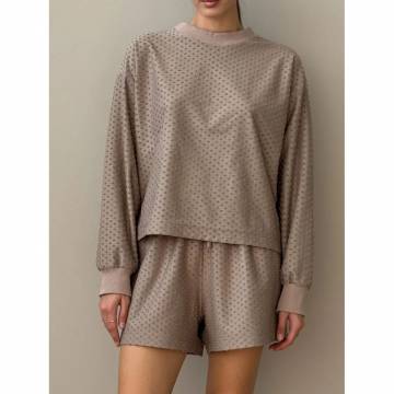 Комплект женский Miso Точка, махра, шорты и лонгслив, коричневый, размер S (13679) Комплект женский Miso Точка, махра, шорты и лонгслив, коричневый, размер S (13679)
