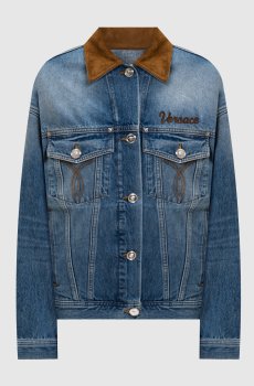 Синяя джинсовая куртка с замшевым воротником