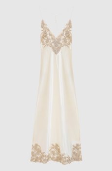Бежевое платье миди из шелка с кружевом