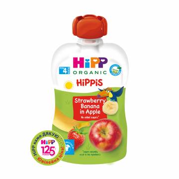 Детское фруктовое пюре HiPP HiPPiS Яблоко-клубника-банан, с 4 месяцев, 100 г (пауч) Детское фруктовое пюре HiPP HiPPiS Яблоко-клубника-банан, с 4 месяцев, 100 г (пауч)