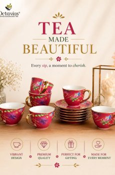 OCTAVIUS 6 Pieces Imperial Crimson Bloom Porcelain Cup & Saucer Tea Set 200 ml