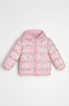 Стьобана куртка puffer з капюшоном з квітковим візерунком - кремовий