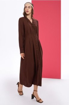 Віскозна сорочкова міді сукня з домішкою льону - темно коричневий