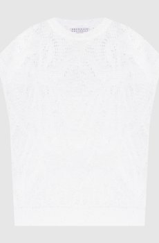 Белый ажурный жилет с льном с пайетками