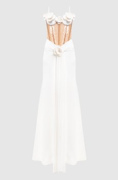 Платье-бюстье с пайетками и цветочной аппликацией цвета айвори