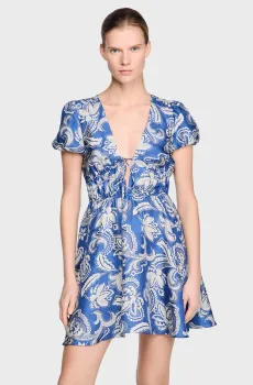 Женское синее платье с узором Синий 36 Sandro SFPRO04883_Blue - Ecru