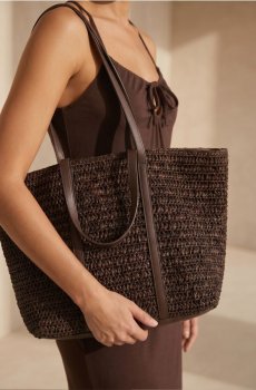 Плетена сумка shopper на плече - темно коричневий