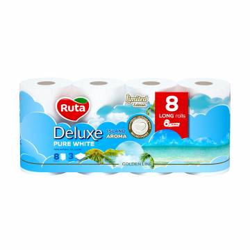 Туалетная бумага RUTA Deluxe Pure White белая, 3-слойная, 8 рулонов Туалетная бумага RUTA Deluxe Pure White белая, 3-слойная, 8 рулонов