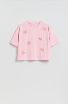 Reserved - Бавовняна футболка з вишивкою - пастельний рожевий - 275HT-03X