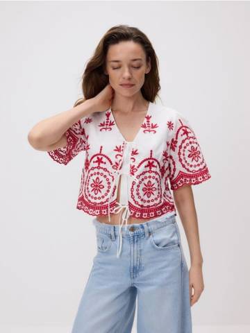 Reserved - Завязана блузка з вишитим візерунком - червоний - XJ384-33X Reserved - Завязана блузка з вишитим візерунком - червоний - XJ384-33X