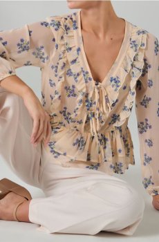 Напівпрозора блузка з квітковим принтом - світло-жовтий