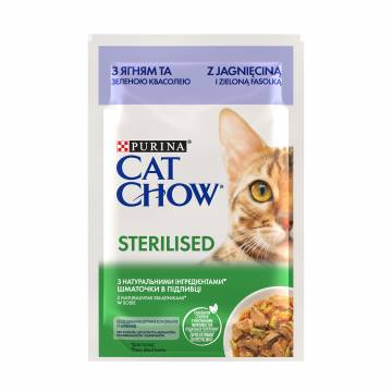 Влажный корм для взрослых стерилизованных кошек Cat Chow Sterilised с ягненком и зеленой фасолью, кусочки в подливке, 85 г Влажный корм для взрослых стерилизованных кошек Cat Chow Sterilised с ягненком и зеленой фасолью, кусочки в подливке, 85 г