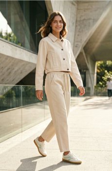 Коротка джинсова куртка з регулюванням ширини - бежевий