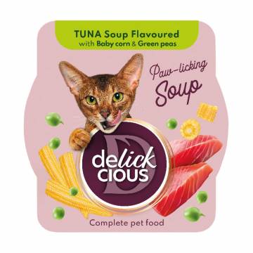 Влажный корм для кошек Delickcious Суп из тунца с добавлением мини-кукурузы и зеленого горошка, 80 г Влажный корм для кошек Delickcious Суп из тунца с добавлением мини-кукурузы и зеленого горошка, 80 г