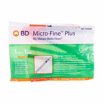 Шприц инъекционный инсулиновый BD Micro-Fine Plus U-100, размер 29G, 0.33*12.7 мм, 1 мл (10 шт) Шприц инъекционный инсулиновый BD Micro-Fine Plus U-100, размер 29G, 0.33*12.7 мм, 1 мл (10 шт)