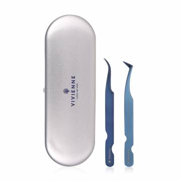 Набор пинцетов для наращивания ресниц Vivienne в чехле, синий металлик (изогнутый, 1 шт + L, 1 шт)