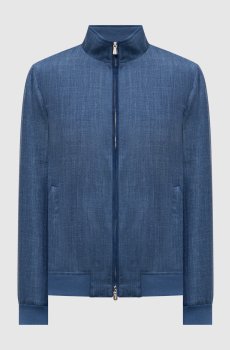 Синяя куртка из шерсти, шелка и льна с вышивкой логотипа