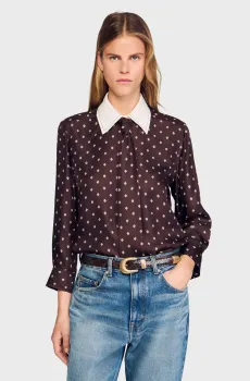 Женская коричневая шелковая блуза с узором Коричневый S Sandro SFPCM01540_Brown - White