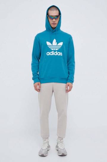 Хлопковая кофта adidas Originals мужская цвет бирюзовый с капюшоном с принтом Хлопковая кофта adidas Originals мужская цвет бирюзовый с капюшоном с принтом
