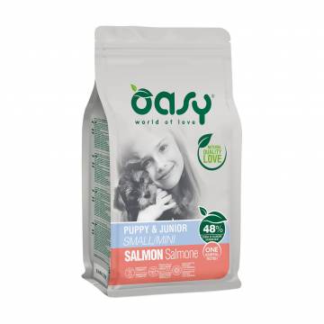 Сухой корм для щенков мелких пород Oasy One Animal Protein Puppy & Junior Small/Mini с лососем, 800 г Сухой корм для щенков мелких пород Oasy One Animal Protein Puppy & Junior Small/Mini с лососем, 800 г