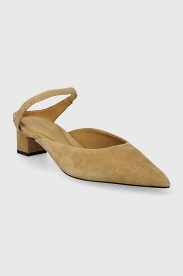 Замшевые туфли Tommy Hilfiger TH POINTY MID HEEL LEATHER MULE цвет бежевый каблук кирпичик открытая пятка FW0FW07718 Замшевые туфли Tommy Hilfiger TH POINTY MID HEEL LEATHER MULE цвет бежевый каблук кирпичик открытая пятка FW0FW07718
