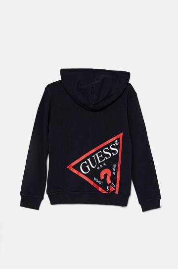 Детская хлопковая кофта Guess цвет синий с капюшоном с принтом L4RQ22 KAUG0