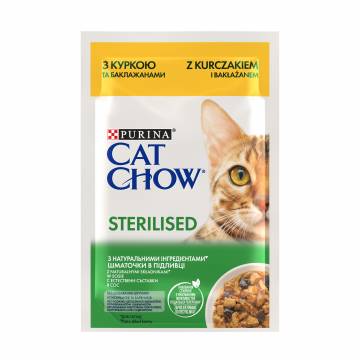 Влажный корм для взрослых стерилизованных кошек Cat Chow Sterilised с курицей и баклажанами, кусочки в подливке, 85 г Влажный корм для взрослых стерилизованных кошек Cat Chow Sterilised с курицей и баклажанами, кусочки в подливке, 85 г