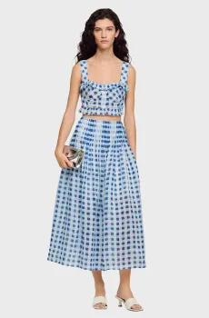 Женская голубая льняная юбка в клетку Голубой 36 Sandro SFPJU01642_Blu - White