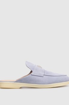Замшевые голубые мюли с гравировкой логотипа