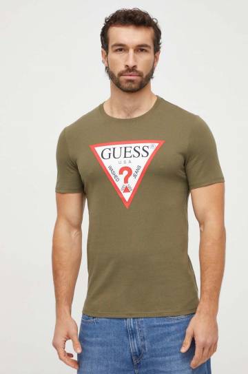 Хлопковая футболка Guess мужской цвет зелёный с принтом Хлопковая футболка Guess мужской цвет зелёный с принтом