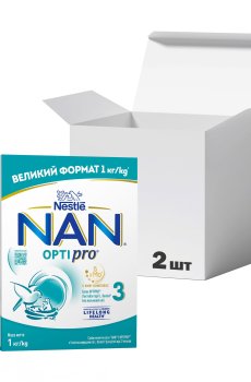 Упаковка сухой молочной смеси NAN 3 OPTIPRO с 5 олигосахаридами и L. Reuteri для детей от 12 месяцев, 1 кг * 2 шт
