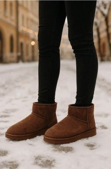 Снігові чоботи з домішкою вовни з еко-замші - темно коричневий