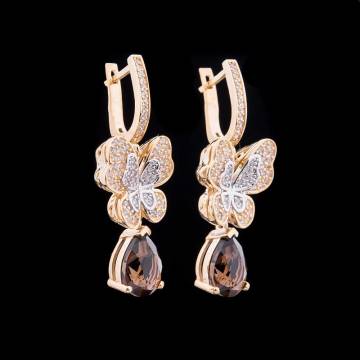 Золотые серьги "Бабочки" с дымч. кварцем и фианитами с03898 Золотые серьги "Бабочки" с дымч. кварцем и фианитами с03898
