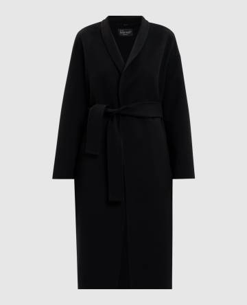 Черное пальто из шерсти на запах