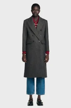 Женское серое шерстяное пальто Серый 36 Sandro SFPOU00788_Dark Grey