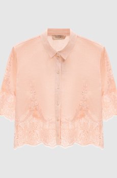 Розовая укороченная блуза из льна с кружевом