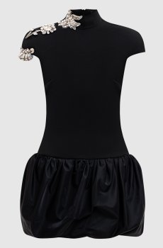 Черное платье мини из шерсти с кристаллами