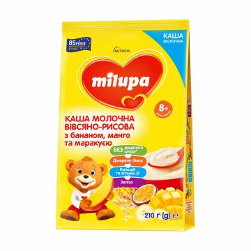 Детская молочная овсяно-рисовая каша Milupa с бананом, манго и маракуей, от 8 месяцев, 210 г Детская молочная овсяно-рисовая каша Milupa с бананом, манго и маракуей, от 8 месяцев, 210 г