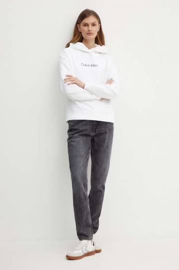 Хлопковая кофта Calvin Klein женская цвет белый с капюшоном с принтом K20K205449 Хлопковая кофта Calvin Klein женская цвет белый с капюшоном с принтом K20K205449