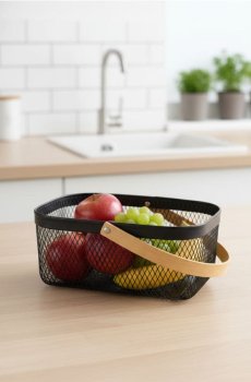 Металевий кошик для харчових продуктів з бамбуковою ручкою - чорний