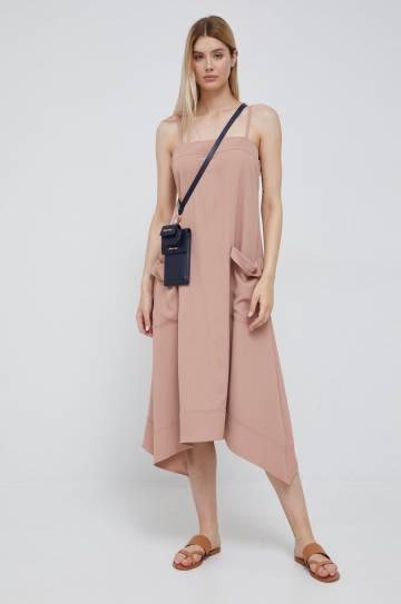Платье Dkny цвет бежевый midi расклешённая Платье Dkny цвет бежевый midi расклешённая