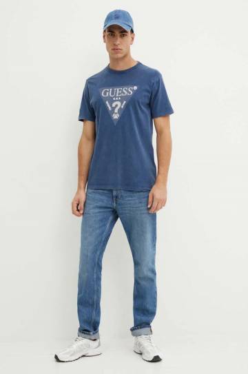 Хлопковая футболка Guess мужской цвет синий с аппликацией M4YI05 I3Z14 Хлопковая футболка Guess мужской цвет синий с аппликацией M4YI05 I3Z14