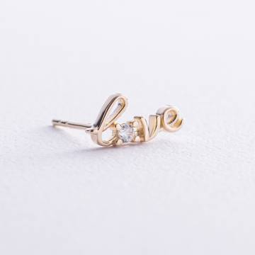 Золотая моносерьга "Love" с фианитом с07922 Золотая моносерьга "Love" с фианитом с07922