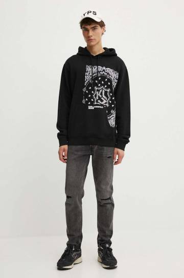 Хлопковая кофта Karl Lagerfeld Jeans мужская цвет чёрный с капюшоном с принтом 245D1805 Хлопковая кофта Karl Lagerfeld Jeans мужская цвет чёрный с капюшоном с принтом 245D1805